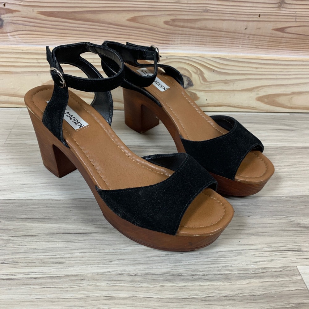 Steve Madden Lonnie Sandals Women 8 Black Suede Platform Wood Block Heel Y2K